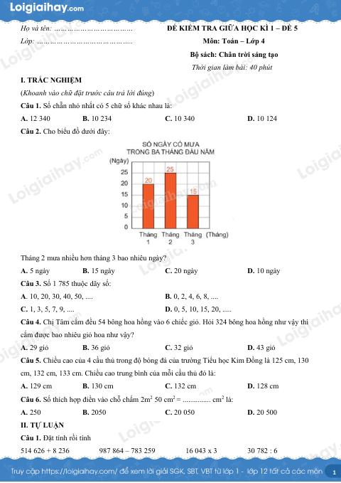Đề kiểm tra giữa học kì 1 Toán 4 Chân trời sáng tạo - Đề số 5
